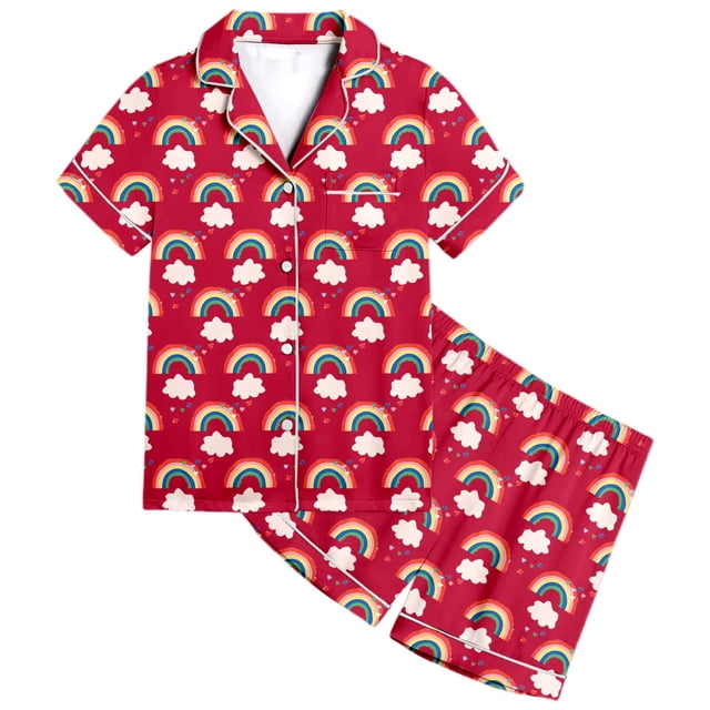 Rainbow Printed Childrens Short Sleeve Button Down Pajama and Shorts Two Piece Sleepwear Set for Girls