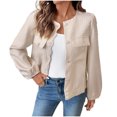 thumbnail image 1 of Lovzfmll Veste en Tweed pour Femme, Col Rond avec Poche Poitrine, Coupe Ample à Manches Longues Beige, m, 1 of 8