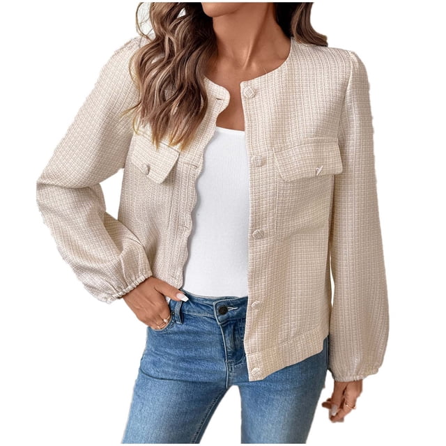 Lovzfmll Veste en Tweed pour Femme, Col Rond avec Poche Poitrine, Coupe Ample à Manches Longues Beige, m