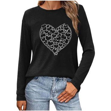 Amzcrzy Valentines Day T-Shirt pour Femmes Tendance Cœur d'Amour Graphique T-Shirts de la Saint-Valentin Décontracté Confortable Manches Longues Col Rond T-Shirt Hauts Cadeaux Valentines Day pour Femmes