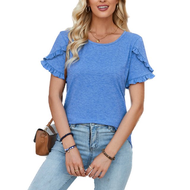 Avamo T-Shirts d'Été pour Femmes Col Ras du Cou T-shirt Manches Courtes T-shirt Chandail Confortable T-shirt de Travail Bleu m
