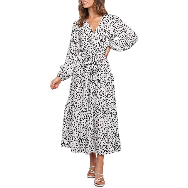 Robe Maxi de Soirée Décontractée pour Femme, Bohème, à Imprimé Léopard, à Volants, à Manches Longues, à Col en V, Fluide