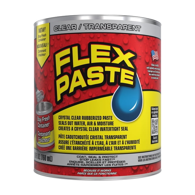 Flex Pâte - Pâte Imperméable Caoutchoutée Tout Usage dans un Contenant de 26 fl oz (760 ml). le Produit Est Transparent et Conçu pour les Réparations Intérieures et Extérieures, Y Compris les Interstices d'Étanchéité, les Fissures et les Trous. l'Étiquette Met en Valeur Sa Capacité à Revêtir, Sceller et Protéger les surfaces, Même sous l'Eau. Il Est Peignable, Résistant aux UV et Convient aux Toitures, Fondations, Cloisons Sèches et Plus. le Contenant Présente un design Qui Reste Frais et Est Fabriqué aux É.-U.