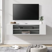 WAMPAT Floating TV Stand Shelf for TVs up to 43" TV,Wall Mounted Entertainment Center Cabinet Component Media Console Hutch with Storage for Audio/Video in Living Room,White Body&Grey Inside