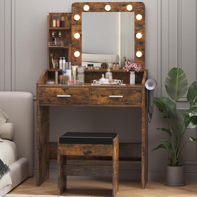 Vanity Desk with Mirror & Lights, Makeup Table with Charging Station, 3-Color LED, Hairdryer Holder & Storage Shelves, Includes Stool