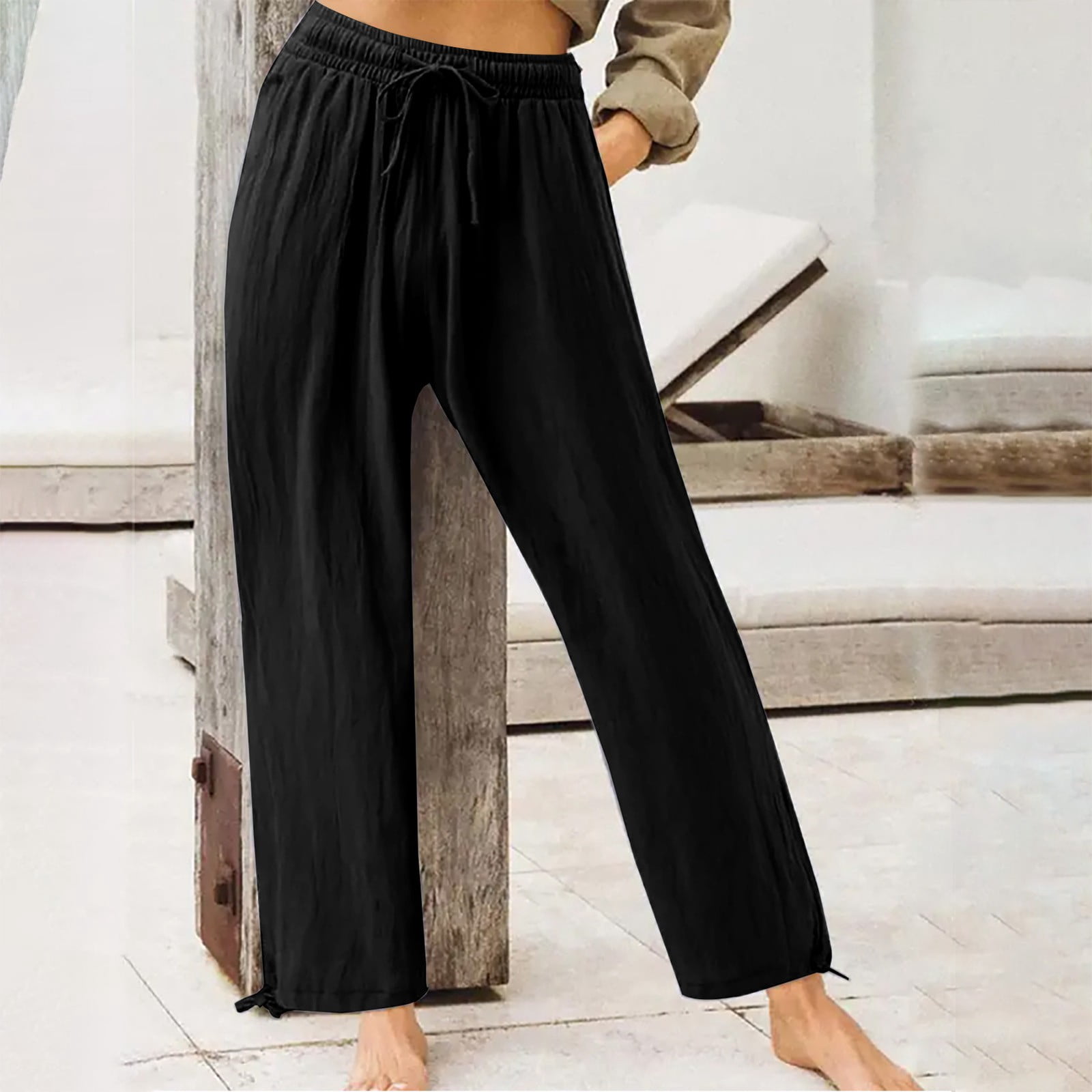Yuyuzo Womens Pants Solid Color Elastic Waist Drawstring Casual Wide Leg Pants Ladies Loose Lounge Pants For Workout