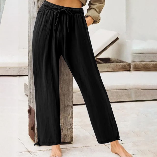 Yuyuzo Womens Pants Solid Color Elastic Waist Drawstring Casual Wide Leg Pants Ladies Loose Lounge Pants For Workout