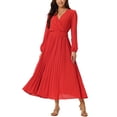 thumbnail image 2 of INSPIRE CHIC Robe Plissée pour Femme Manches Longues Bouffantes Col en V Robe avec Ceinture à la Taille m Rouge, 2 of 7