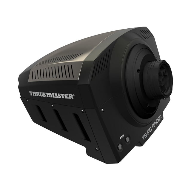 Thrustmaster TS-PC RACER Ferrari 488 Challenge Edition wheel base in black and dark grey, shown at a 3/4 angle highlighting ventilation slits, Thrustmaster branding, and mode buttons, designed for force feedback racing simulation with advanced motor cooling and precise torque response.