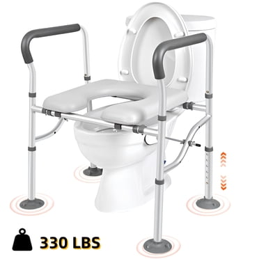 Siège de Toilette Surélevé avec Accoudoir, Rehausseur de Siège de Toilette en Aluminium à 6 Hauteurs Réglables pour Aînés, Rails de Cadre de Sécurité pour Commode avec Rembourrage Doux, Supporte jusqu'à 330 Lb