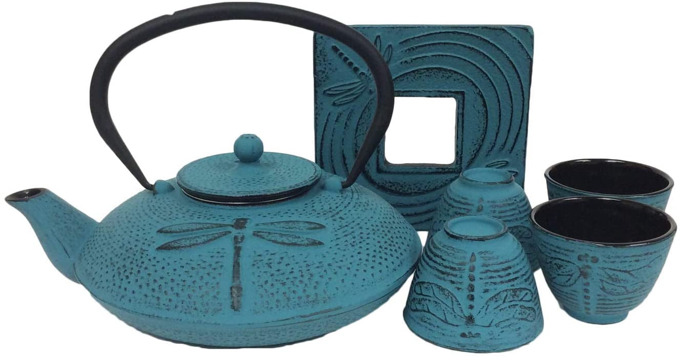 CUISILAND Théière en Fonte Bleu Pâle 37oz Libellule avec 4 Tasses