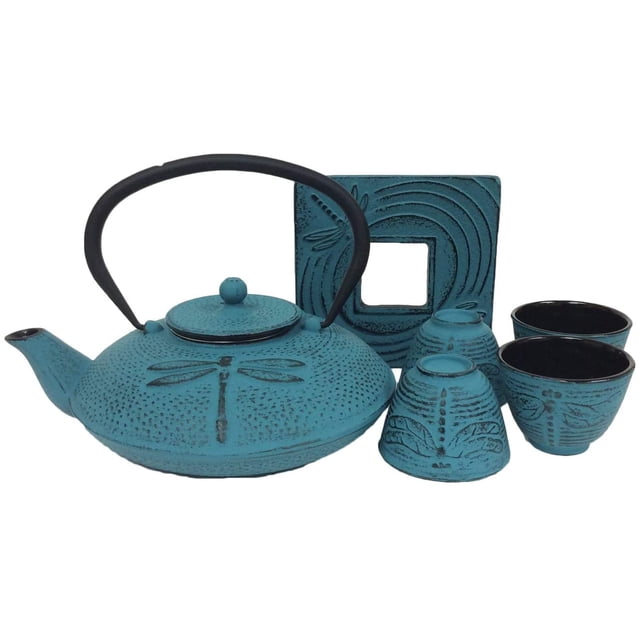 CUISILAND Théière en Fonte Bleu Pâle 37oz Libellule avec 4 Tasses