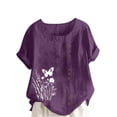 thumbnail image 1 of Pisexur Hauts pour Femmes Décontractés en Lin Col Rond Grande Taille Imprimé Manches Courtes T-shirt Blouse, Hauts d'Été pour Femmes Violet, TG, 1 of 5