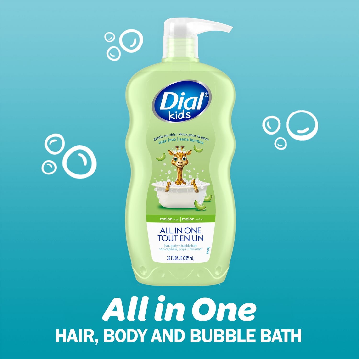 Nettoyant pour les cheveux et le corps et bain moussant tout-en-un Dial Kids, parfum de melon, 709 ml, hypoallergène, sans larmes, testé par des dermatologues, sans silicones, parabènes ni phtalates