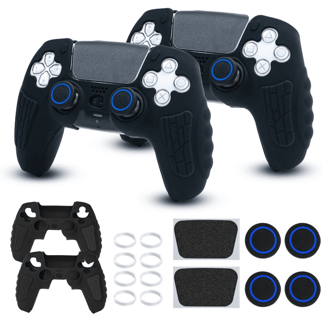 PS5 Controller Cover Case, Anti-Slip Silicone Cover Skin Compatible With PS5 Controller With Thumb Grip Caps, Joystick Protectors And Cover Wrap Sticker(2 Packs) centered front-facing view of two black Spider Man themed silicone skins fitted to PS5 DualSense controllers, showing thumb grip caps on analog sticks, four extra caps and eight joystick protectors arranged beside controllers, textured anti-slip silicone with precise cutouts for buttons, triggers and touchpad on a neutral background; often used to customize and protect controllers during play.