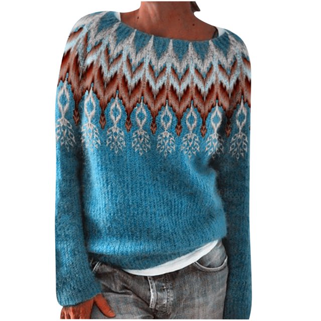 Yuyuzo Chandail d'Hiver pour Femmes à Col Rond à Manches Longues à Blocs de Couleur Imprimés Chandail en Tricot Côtelé Hauts Mode