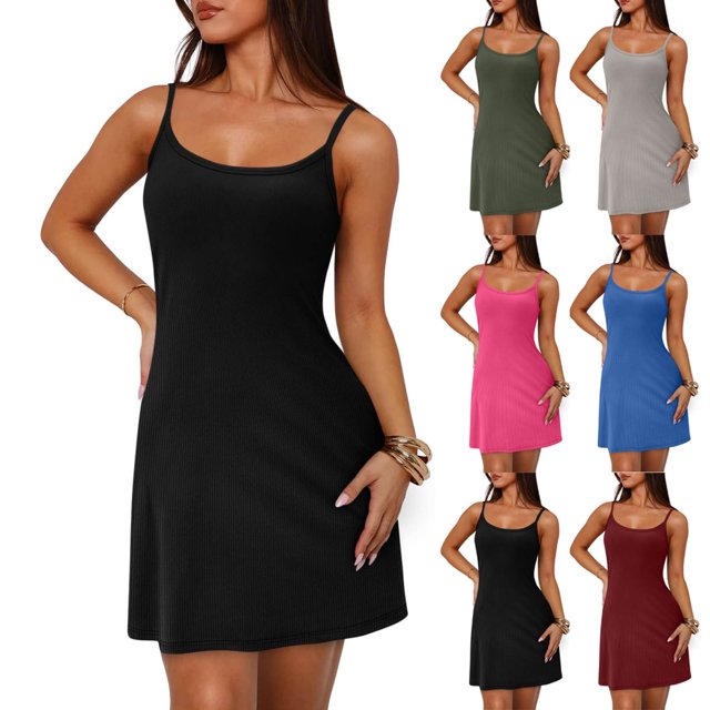 Meichang Robe Mini d'Été Sans Manches pour Femme, Ligne A, Bretelles Spaghetti, Encolure Dégagée, Robe de Soirée, Coupe Ajustée, Dos Nu, Moulante