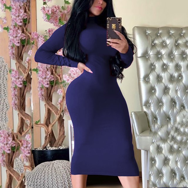 Gspmoly Robes pour Femmes, Mode Femme Robe Longue Ajustée à Col Montant à Manches Longues Robe de Couleur Unie Robes de Mariage pour Femmes jusqu'à 65 % de Rabais