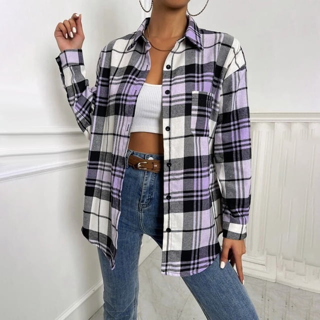 Qertyioot Mode Hiver Femmes Veste Décontractée Imprimée Manches Longues Hauts Manteau à Carreaux