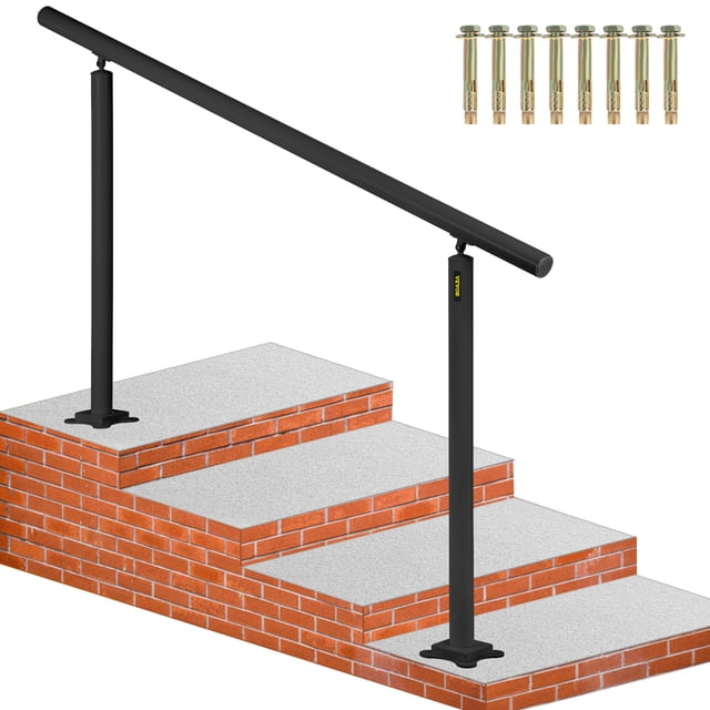 Trousse de Rampe d'Escalier Extérieure VEVOR, Main Courante de 5 Pi pour Marches 0-5, Angle Ajustable, Main Courante d'Escalier en Aluminium Noir pour Personnes Âgées, Main Courante pour Marches Intérieures et Extérieures Orientée vers l'Avant en Aluminium Noir de 5 Pi avec Diamètre de tube de 1,96 Pouces et Fini Mat Peint, Montée sur une Plaque de base Carrée de 5,3 Pouces x 5,3 Pouces avec Quatre Trous Pré-Percés de 0,5 Pouces et Boulons d'Expansion