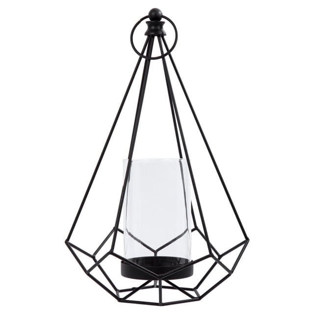 Truu Design, Geo Wire Pillar Candle Holder with a black geometric wireframe shaped like a droplet and a clear glass cylinder to hold pillar candles securely, perfect for floor, table, or ceiling display and often used as a decorative lantern frame.