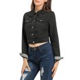 thumbnail image 4 of INSPIRE CHIC Women's Denim Cropped Jackets Chest Pocket Plaid Trim Button Down Jean Jacket S Black, 4 of 7
