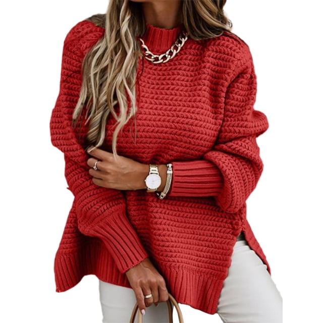 Innerwin Chandail d'Hiver Chaud pour Femmes, Chandail Décontracté à Demi-Col Roulé, Rouge P