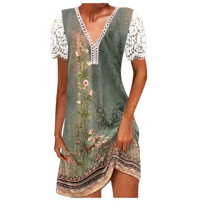 Cameland Robe Ample pour Femme à Col en V, Mode Décontractée, Style Élégant, Chandail à Manches Courtes, Imprimé en Dentelle