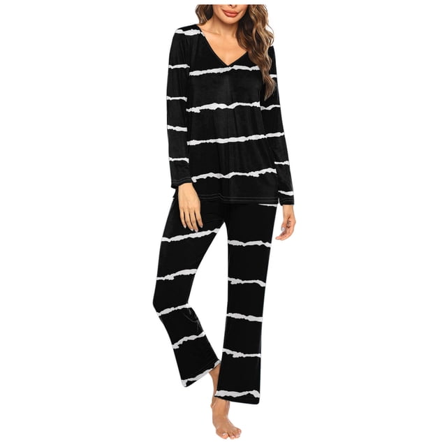 Timegard Pajamas Sets for Women 2 Piece Stripted Long Sleeve V Neck Ruched Top and Pants Fall Pjs Outfits