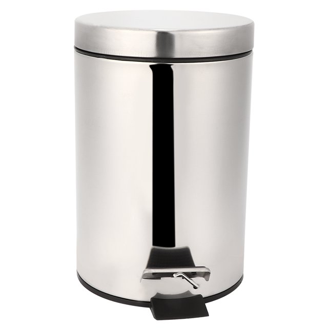 Blantye 3L Ménage en Acier Inoxydable Pédale Poubelle Poubelle Poubelle Poubelle Conteneur. A compact, cylindrical stainless steel trash can with a polished mirror finish, featuring a non-slip pedal for hands-free operation. The bin includes an ergonomic handle for easy movement and a removable inner barrel for convenient waste disposal. Designed with anti-fingerprint and anti-corrosion properties, it is suitable for use in bathrooms, kitchens, bedrooms, and offices. Dimensions: 16.8 cm diameter and 25.3 cm height.