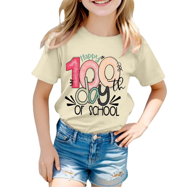 FhsagQ le 7 Juillet Mode Enfants Décontractée Imprimé Col Rond Ample Manches Courtes T-Shirt Haut Filles Printemps le 7 Juillet T-Shirts Taille 8-10 Moins de 20 Beige 3-4 Ans