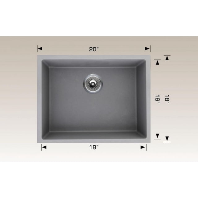 American Imaginations 20-in. W Grey Granite Composite Kitchen Sink With 1 Bowl, rectangular undermount sink in grey granite composite with a single bowl and centered drain, measuring 20 by 18 inches width and 18 by 16 inches depth, designed for deck mount faucets, also suitable for food preparation and cleanup in kitchen renovation.