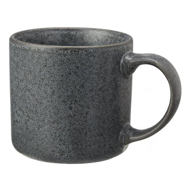 Better Homes & Gardens Anderson Dark Gray Stoneware 14oz Modern Mug shown in side profile with a rounded handle, crafted from durable ceramic stoneware with a dark gray mottled reactive glaze finish, microwave and dishwasher safe, suitable for coffee or tea and often used as a stylish pen holder.