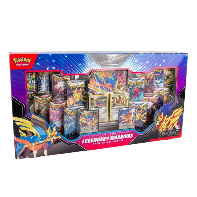 Pokemon TCG: Legendary Warriors Premium Collection with foil cards of Zacian V and Zamazenta V, an oversize Zacian V foil card, and 14 booster packs in a multicolour box featuring artwork of legendary Pokemon Zacian and Zamazenta, suitable for enhancing a Pokemon card collection.