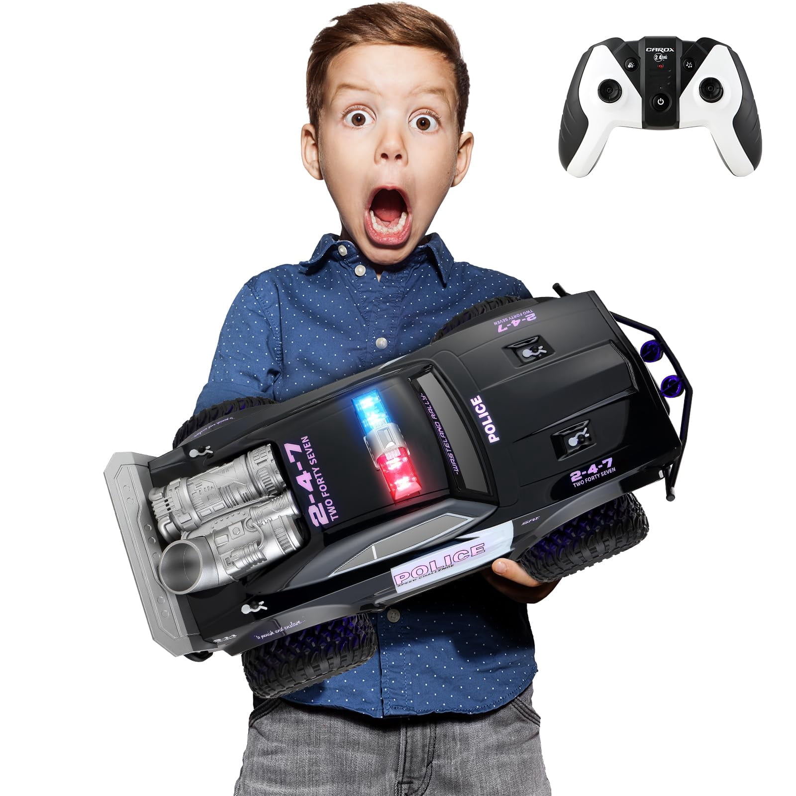 Carox Large Remote Control Police Car Toy with Lights and Sirens for Boys 1:8 Cop Car with Three Rechargeable Battery Durable RC Police Truck for Kid