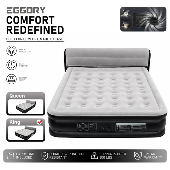 EGGORY Matelas Pneumatique Très Grand avec Tête de Lit, Lit Gonflable Surélevé de Luxe de 33 Pouces avec Pompe Intégrée, Résistant aux Perforations, Gonflage/dégonflage Rapide, Portable pour le Camping & & les Voyages & la Maison