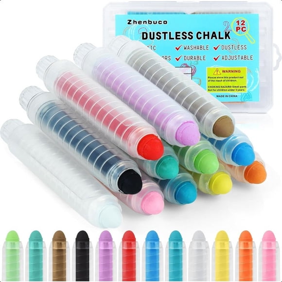 CNKOO Dustless Chalk for - 12pcs Colored Non-toxic Twistable Sidewalk Chalk with Holder Dust-free Washable Toddler Chalk Art Tool for Outdoor Blackboard Drawing Writing Plastic Box-Packed