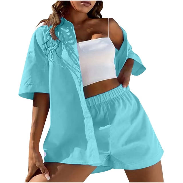Birdeem Womens Spring and Summer Fashion Slim Button-Up Top Casual Shorts Solid Color Top/Shirt Suit