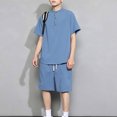 thumbnail image 2 of XZNGL Denim Shorts men Casual Button Pullover Linen Stand Collar Short Sleeve T-Shirt Elastic Shorts Two-Piece Set Shorts for Men Casual Men Shorts Casual, 2 of 5