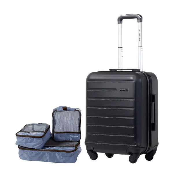 JetStream® 4-Piece Carry-On Hardside Luggage Set with a 20-inch black ABS carry-on spinner suitcase featuring four 360° spinner wheels and a telescopic handle, accompanied by three blue packing cubes with mesh tops for organized travel packing.