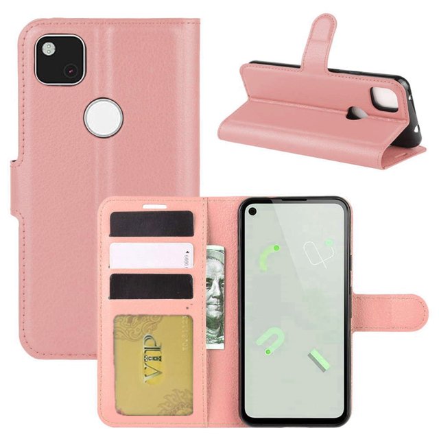 Google Pixel 4a Case, Leather Magnetic Card Slot Wallet Folio Flip Case Cover in a soft pink color. The case features multiple credit card slots, a pocket for bills, and a magnetic clasp for secure closure. It is made of premium synthetic leather with a TPU inner case for shock absorption and drop protection. The design allows the case to convert into a media stand for added functionality.