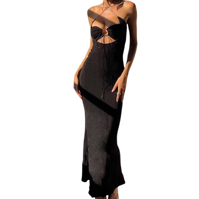 QJUHUNG Femmes Couleur Unie Robe Longue Sexy Bodycon Extensible Maxi Dame Printemps Automne Été Spaghetti Robe de Sangle