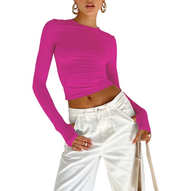 Faithtur T-shirt pour Femmes, Manches Longues Col Rond Ajusté Crop Top avec Trous pour les Pouces pour Usage Quotidien