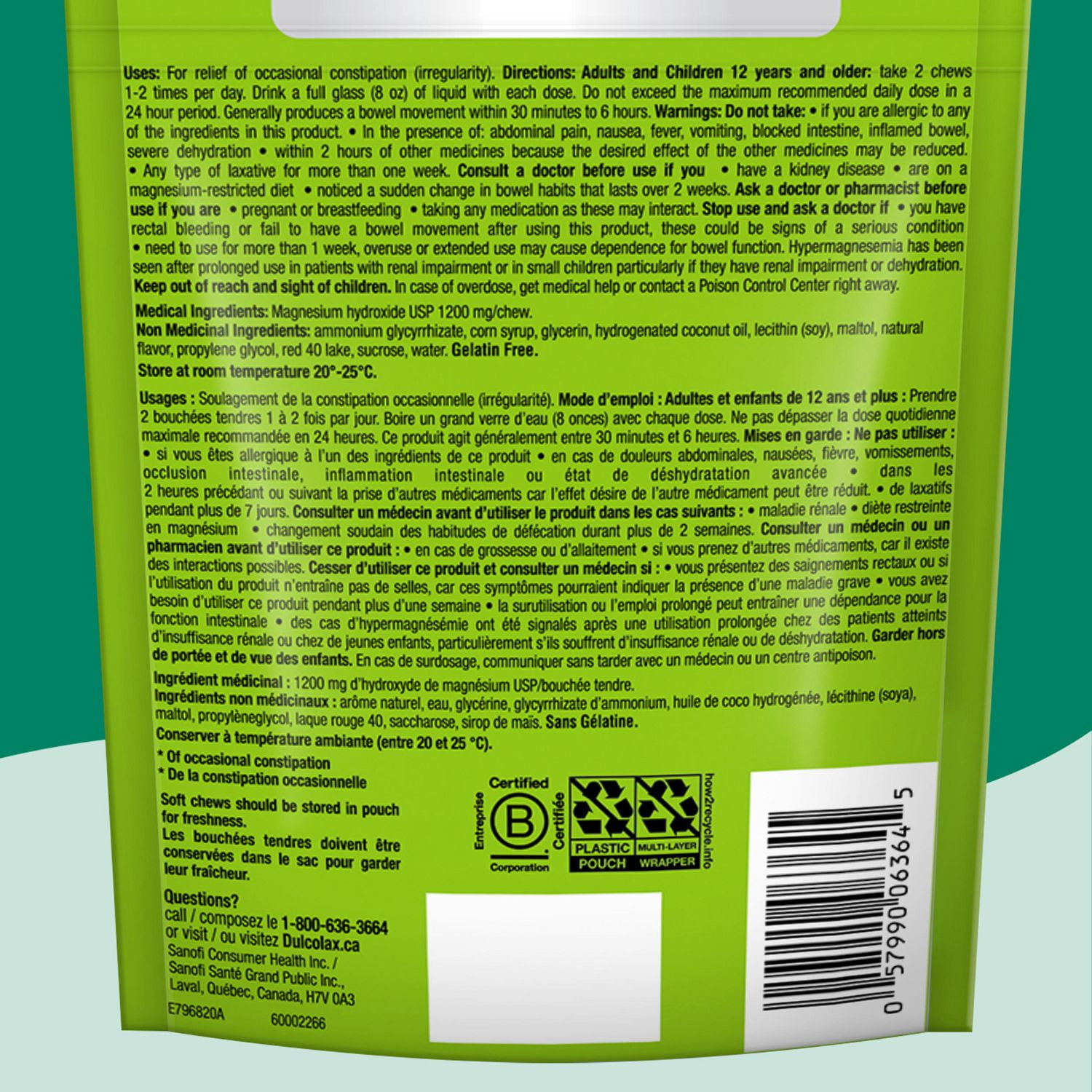 DulcoLax Soft Chews, laxatif pour un soulagement en douceur de la constipation occasionnelle, pour les adultes et enfants de 12 ans et plus, végétalien, sans stimulant, sans gluten, baies mélangées, 3