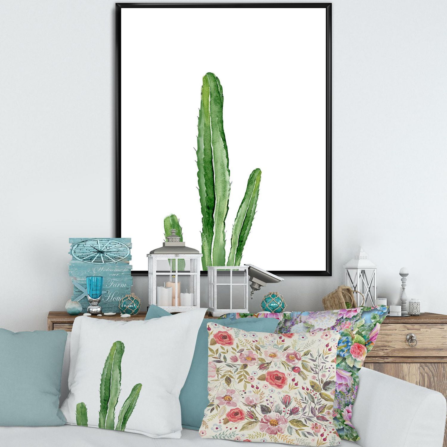 Designart Détail botanique de la plante du sud-ouest de cactus vert ART MURAL À CADRE FLOTTÉ