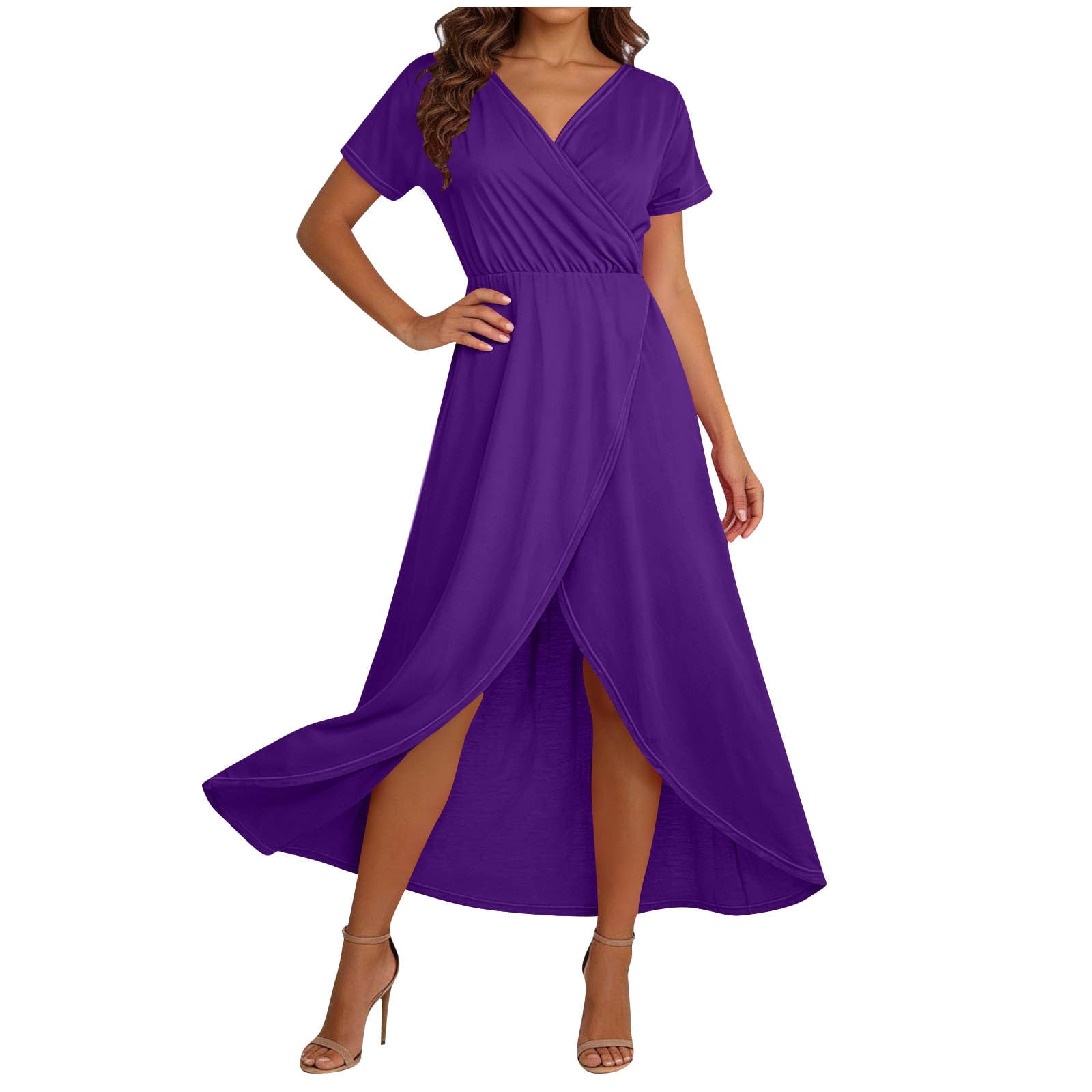bridesmaid dresses mississauga Daiosportswear Womens Summer Chiffon Short Slit Sleeve V Neck Ruffled Wrap Wedding Long Maxi for Women Summer,Women'S Short-Sleeved Dress Purple M(M) 40W/30L Color:Navy Polka Dot Bluebell Baptism Dress - David's bridal