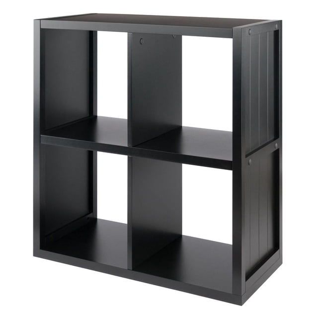 Timothy shelf 2 x 2 Cube with Wainscoting Panel in black composite wood, featuring four open cube compartments each 12 inches wide by 11.8 inches deep by 11.5 inches high, with wainscoting panel sides and a 25.6 inch wide by 11.8 inch deep by 27 inch high frame, ideal for organizing books, pictures, or decorative items.