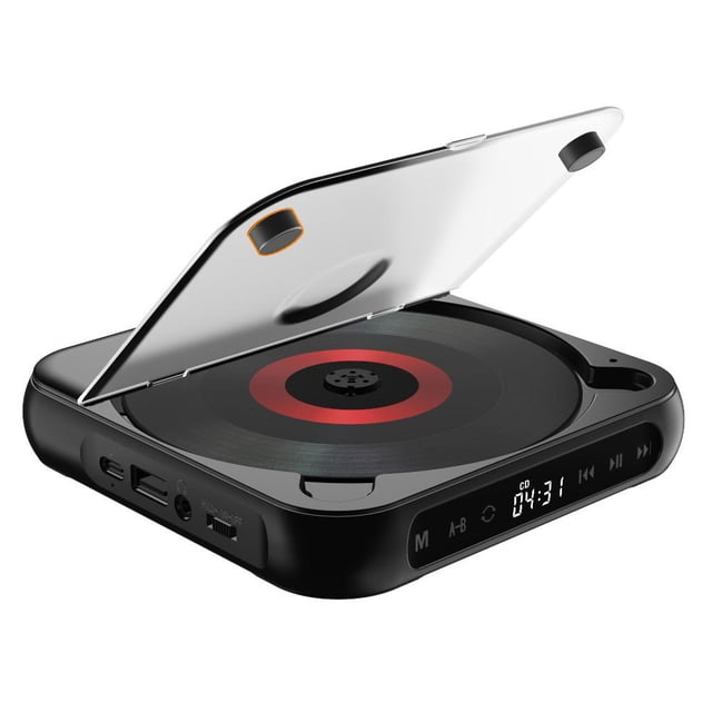 Portable CD Player Bluetooth Speaker Stereo CD Players LED Screen in black, featuring a compact ABS design with a transparent lid and touch LCD display. Supports Bluetooth 5.1 connectivity, multiple playback modes, and anti-skip protection for CDs and MP3 files. Rechargeable 1200 mAh battery provides up to 7 hours of music playback, making it ideal for portable use.