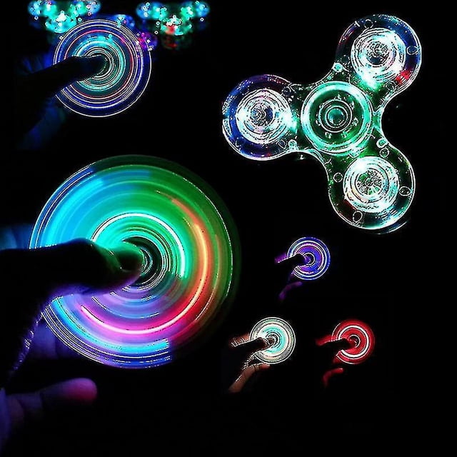 Glowing LED Light Fidget Spinner Hand Top Spinner Glow in the Dark Light EDC Fidget Spinner Finger Stress Relief Toy. This novelty toy features a plastic body with vibrant multicolored LED lights, creating a glowing effect in the dark. Ideal for stress relief and entertainment, it is CE-certified and suitable for ages 4 and up. Made in Mainland China.