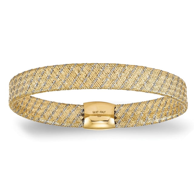 Flexible Woven Stretch Luxe Bangle Bracelet in 14k two-tone gold featuring an intricate woven pattern of yellow and white gold threads. The bracelet is 8mm wide, accented with a polished 14k white gold bead, and designed to slip on with a slight stretch. It measures 7.50 inches in length and is lightweight, making it ideal for stacking with other bangles. A matching collar necklace is also available.